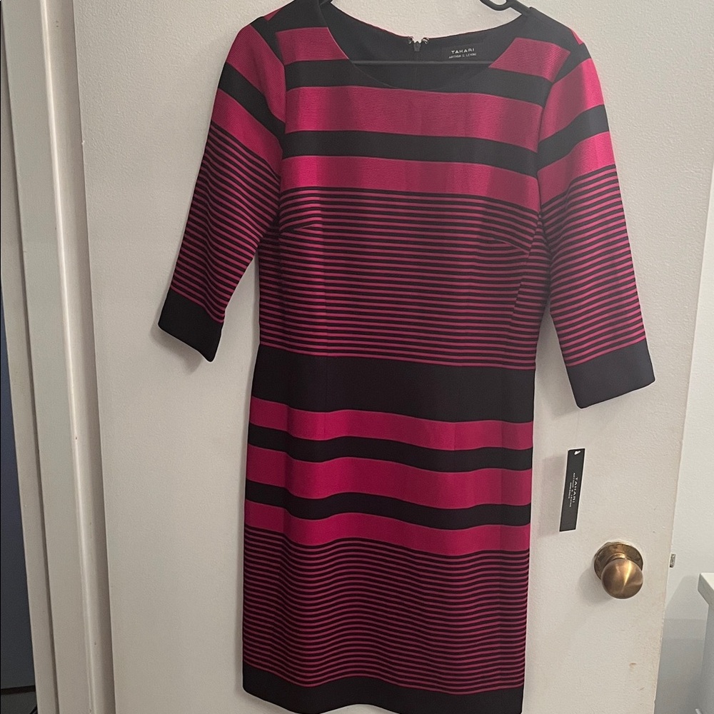 Tahari Pink and Black Striped Midi Dress